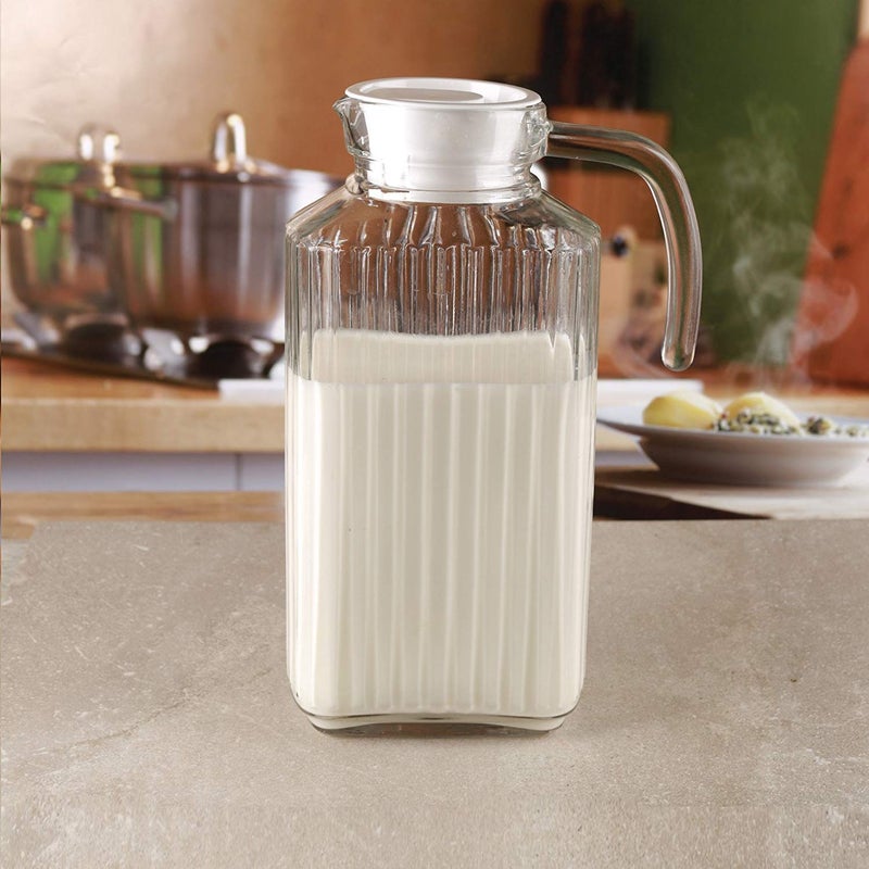 AMBSS SYS Glass Ware Ribbed Pitcher With Lid And Handle, Up To 60oz.Each- Sleek And Elegant, For Milk, Iced Tea, Juices, Water etc. 1.8 L. (Lid is White) (1) - Image 1